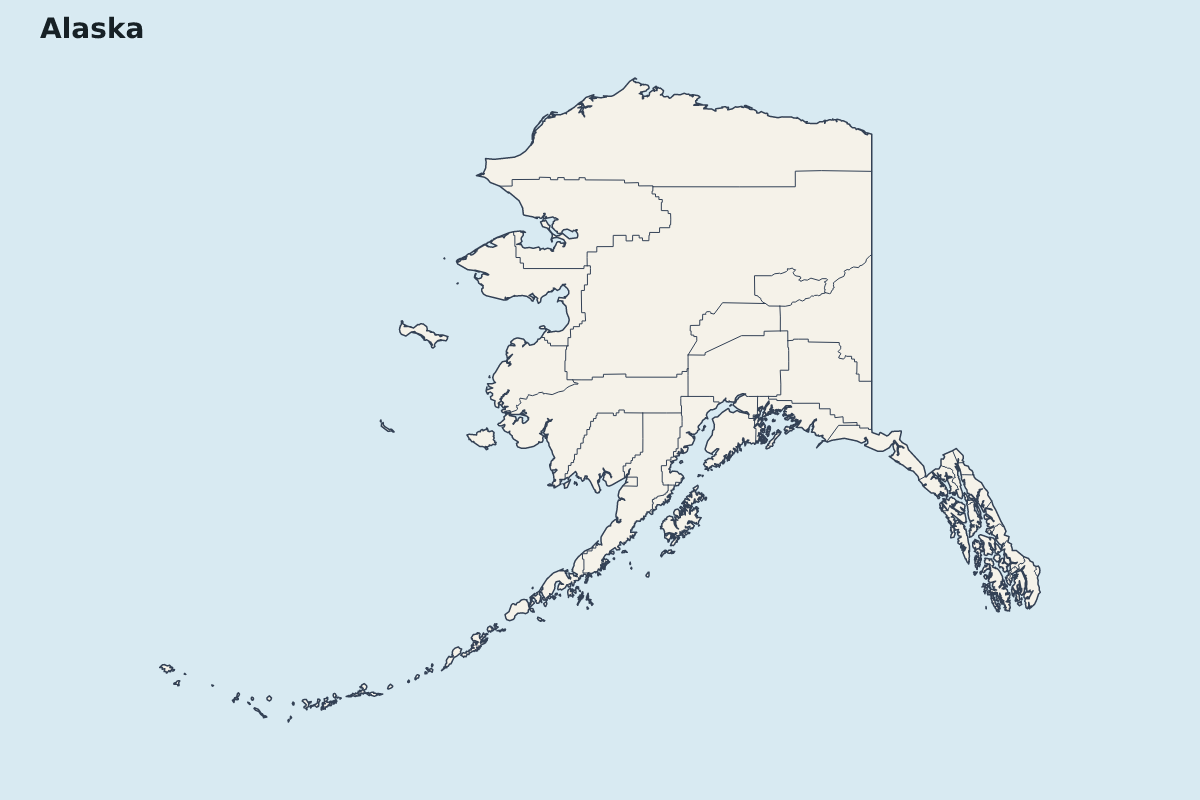 Mapa de resaltado de Alaska, United States con límites administrativos internos.