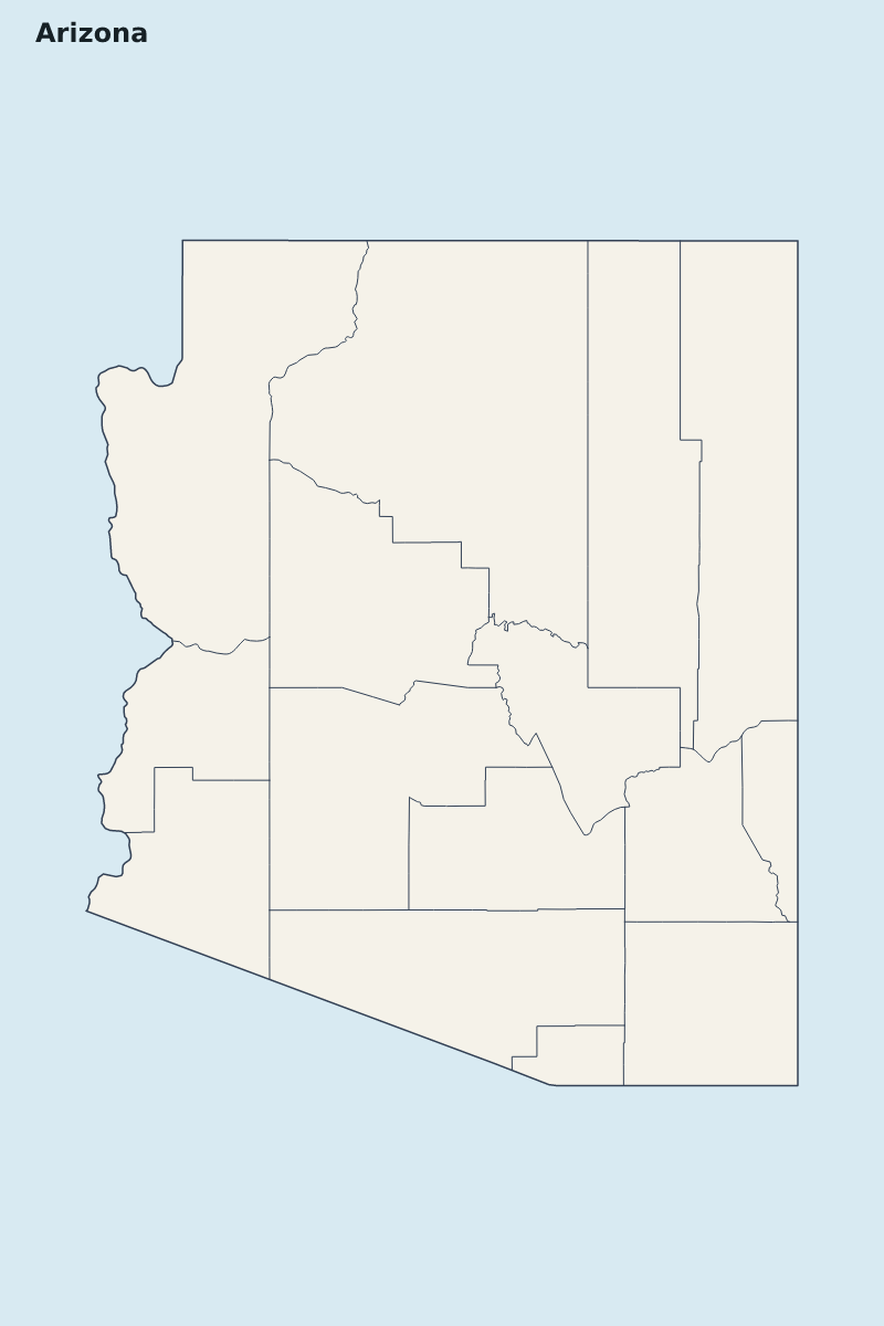 Mapa de resaltado de Arizona, United States con límites administrativos internos.