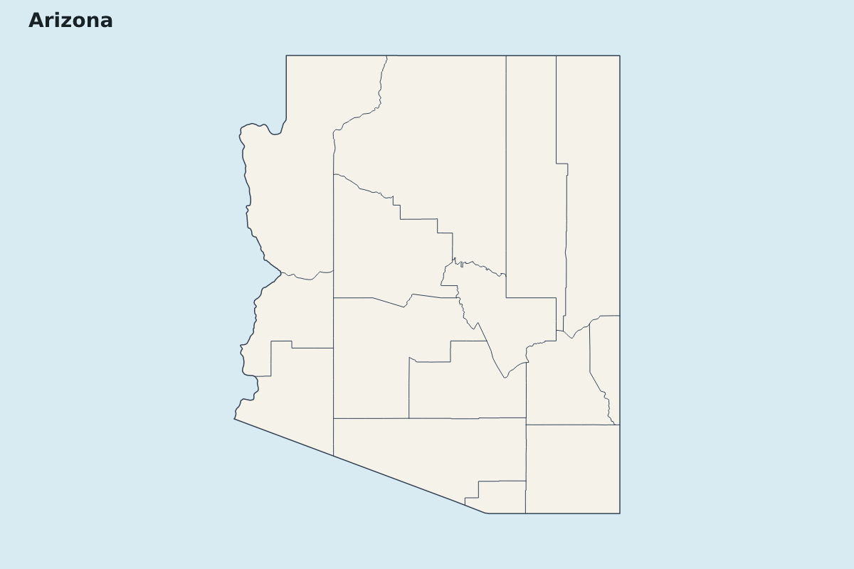 Mapa de resaltado de Arizona, United States con límites administrativos internos.