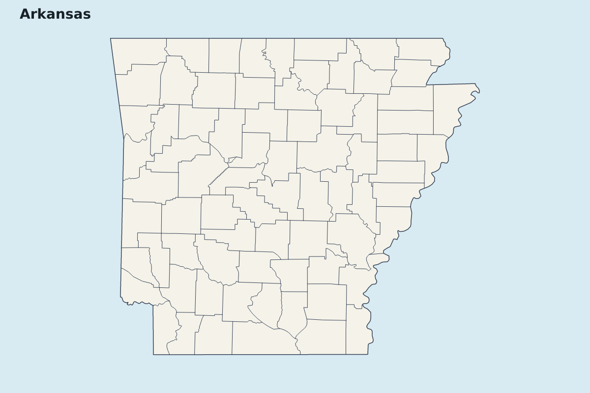 Mapa de resaltado de Arkansas, United States con límites administrativos internos.