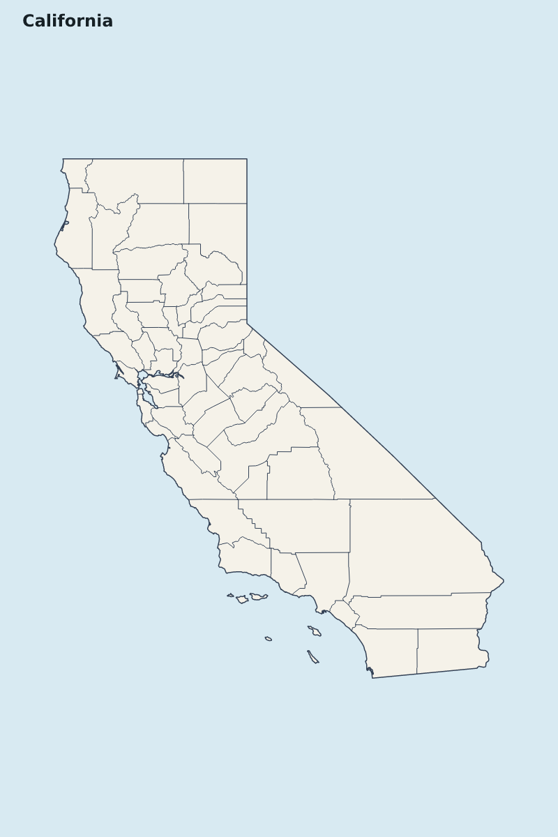 Mapa de resaltado de California, United States con límites administrativos internos.