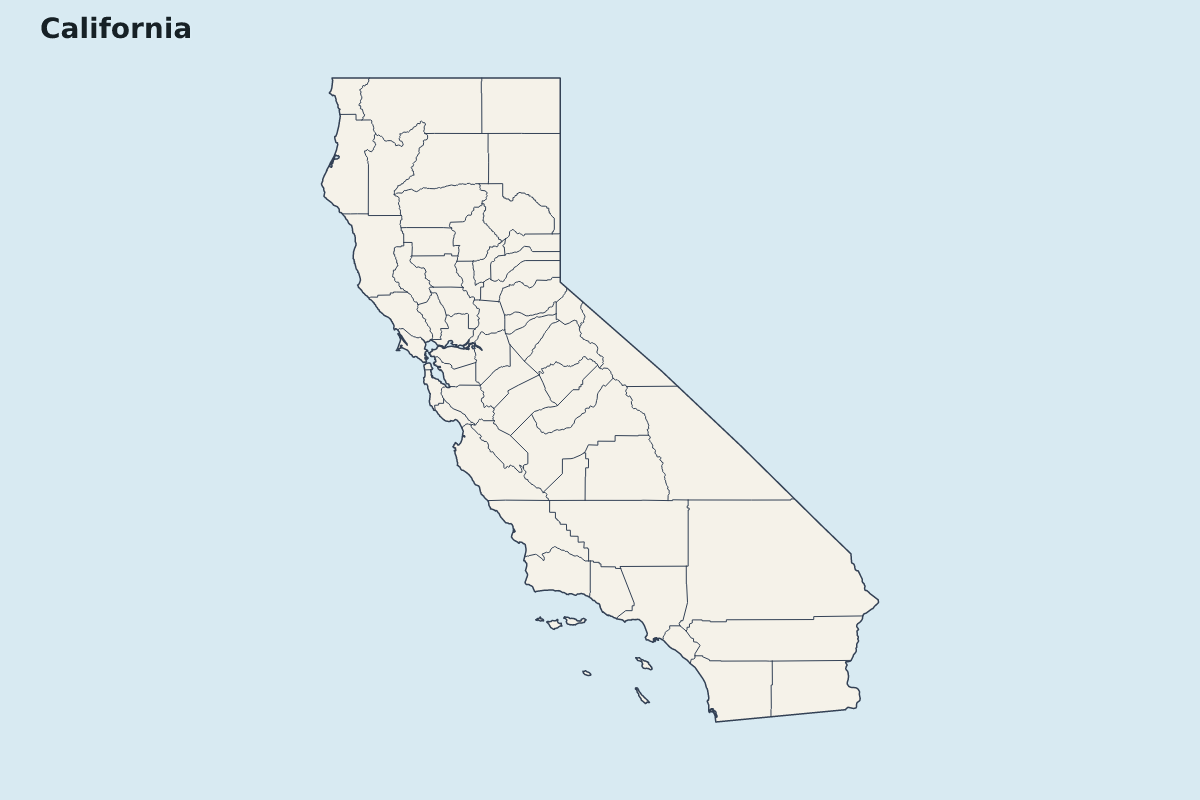 Mapa de resaltado de California, United States con límites administrativos internos.