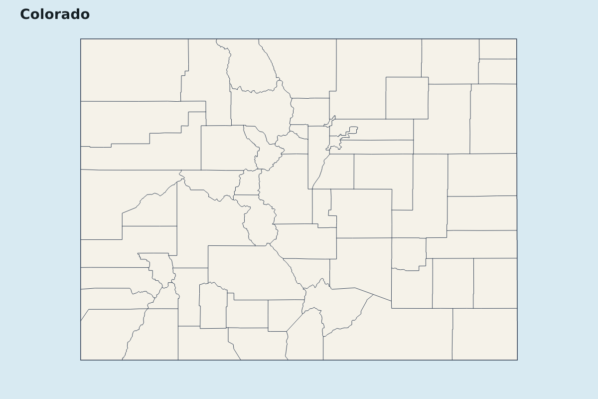 Mapa de resaltado de Colorado, United States con límites administrativos internos.