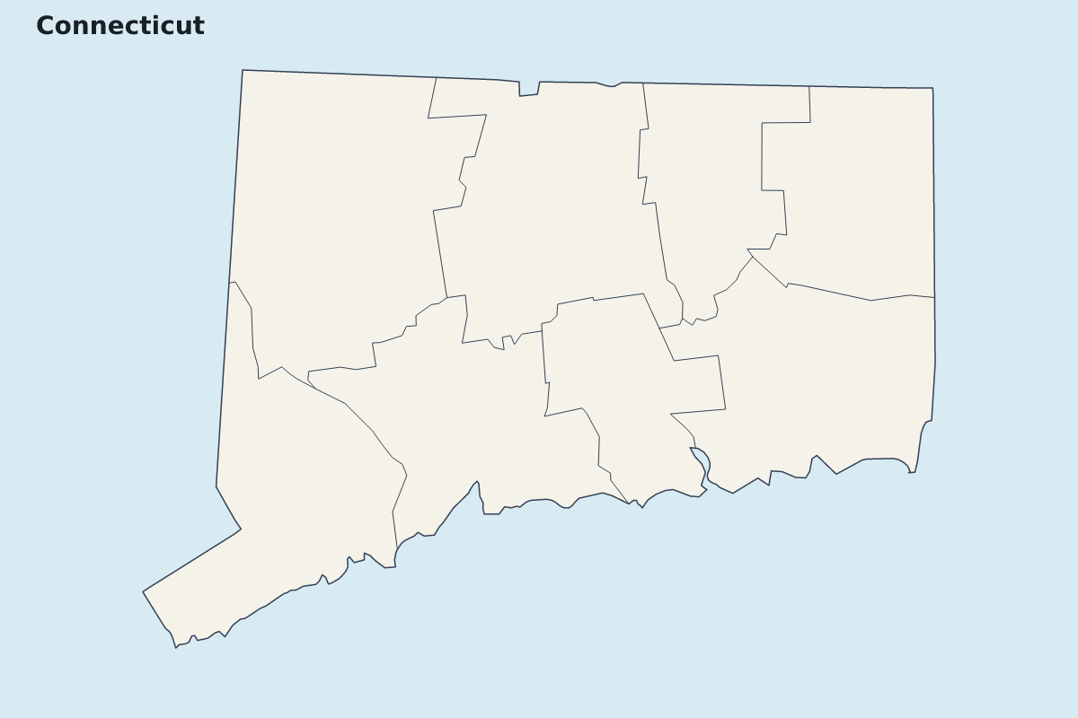 Mapa de resaltado de Connecticut, United States con límites administrativos internos.
