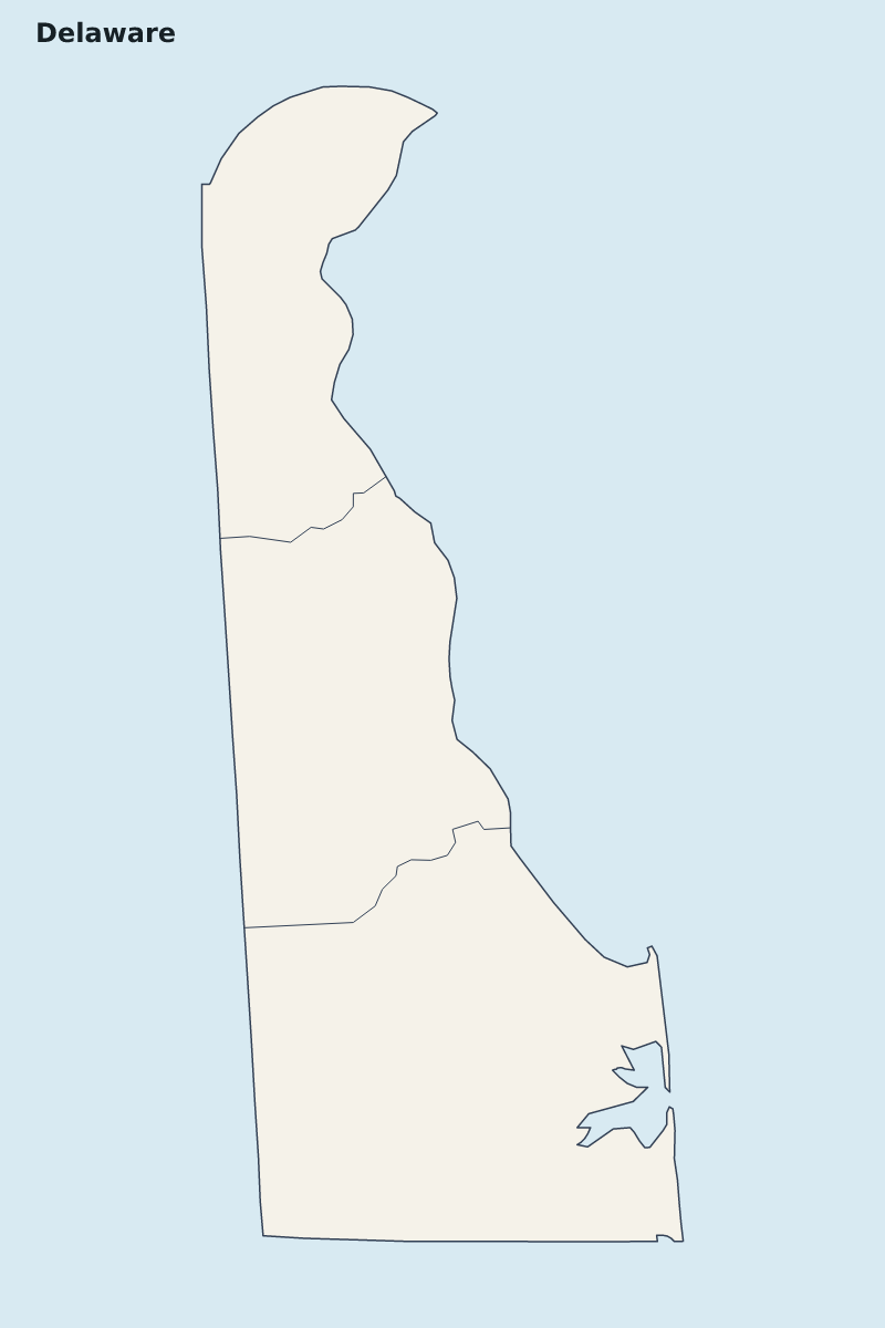 Mapa de resaltado de Delaware, United States con límites administrativos internos.