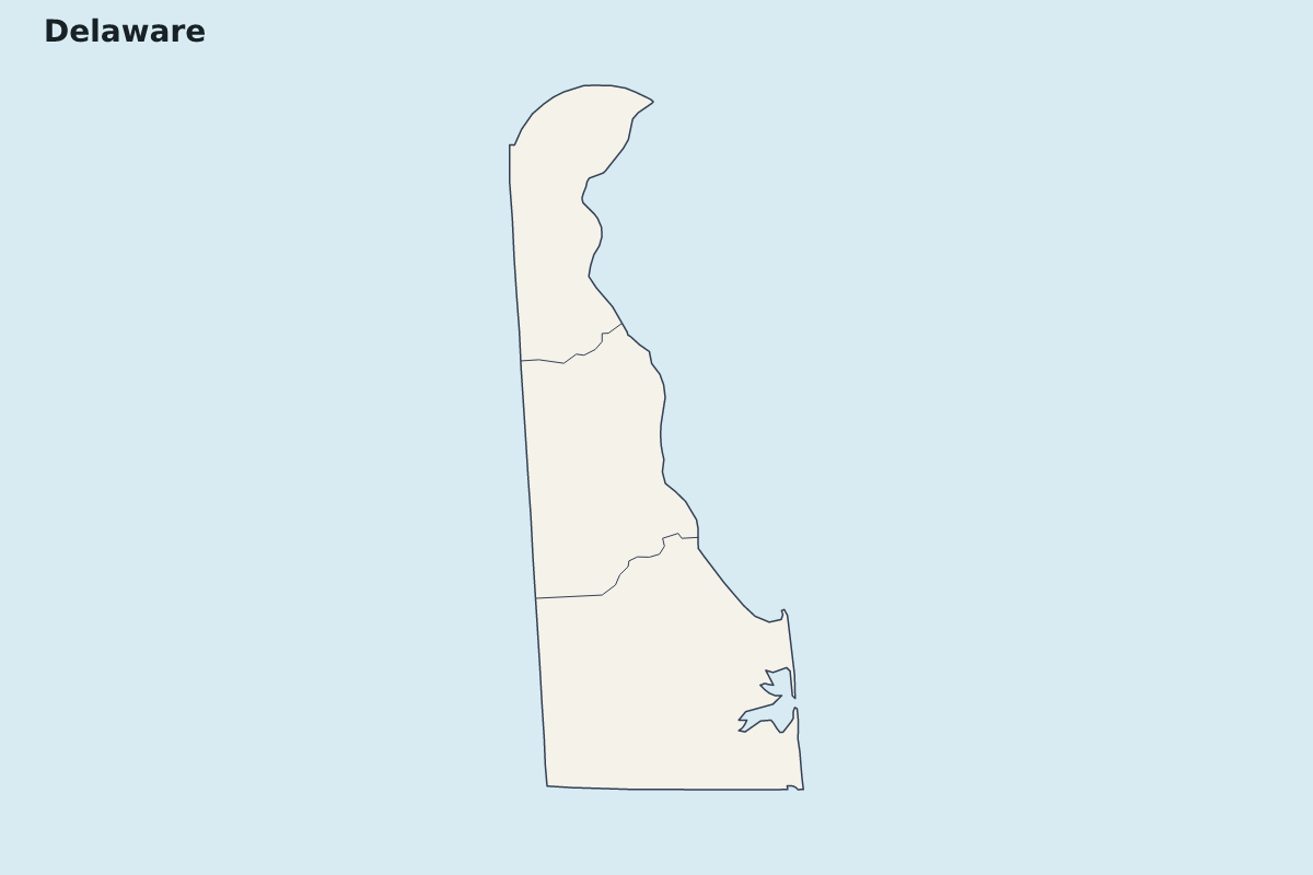 Mapa de resaltado de Delaware, United States con límites administrativos internos.