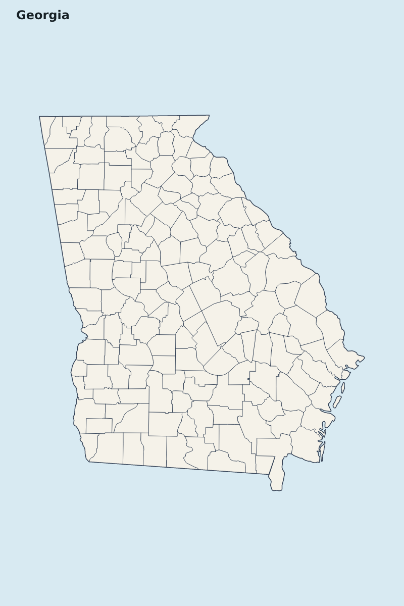 Mapa de resaltado de Georgia, United States con límites administrativos internos.