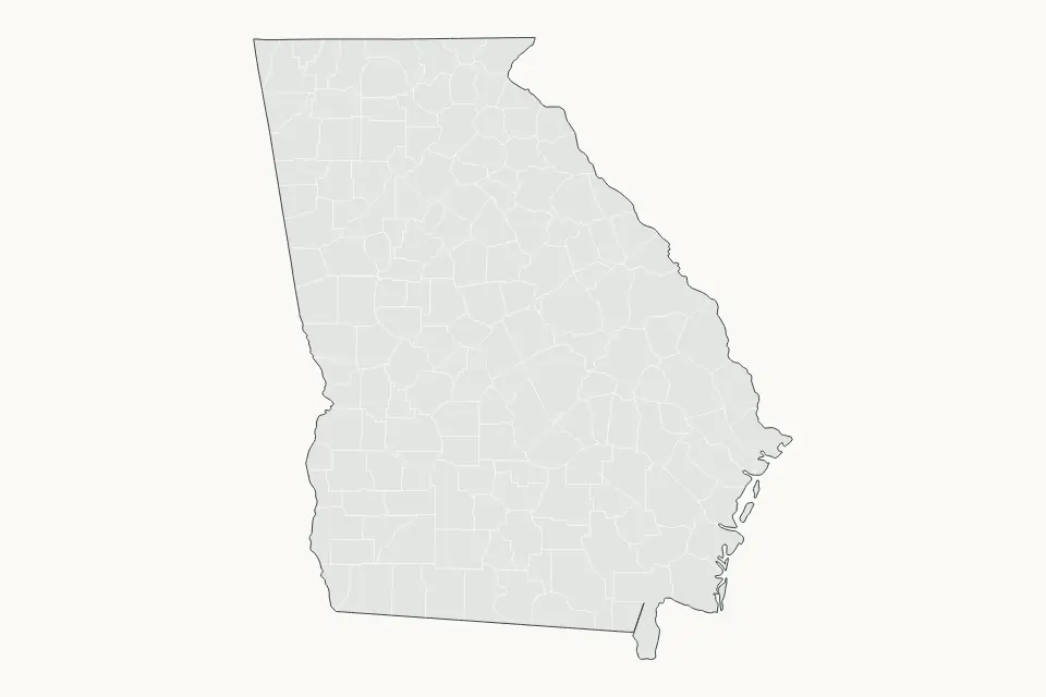 Mapa de Georgia, United States de tipo subdivisiones para América del Norte, con subdivisiones con elementos de agua como J. Strom Thurmond Lake, Lake Sidney Lanier y Walter F George Reservoir.