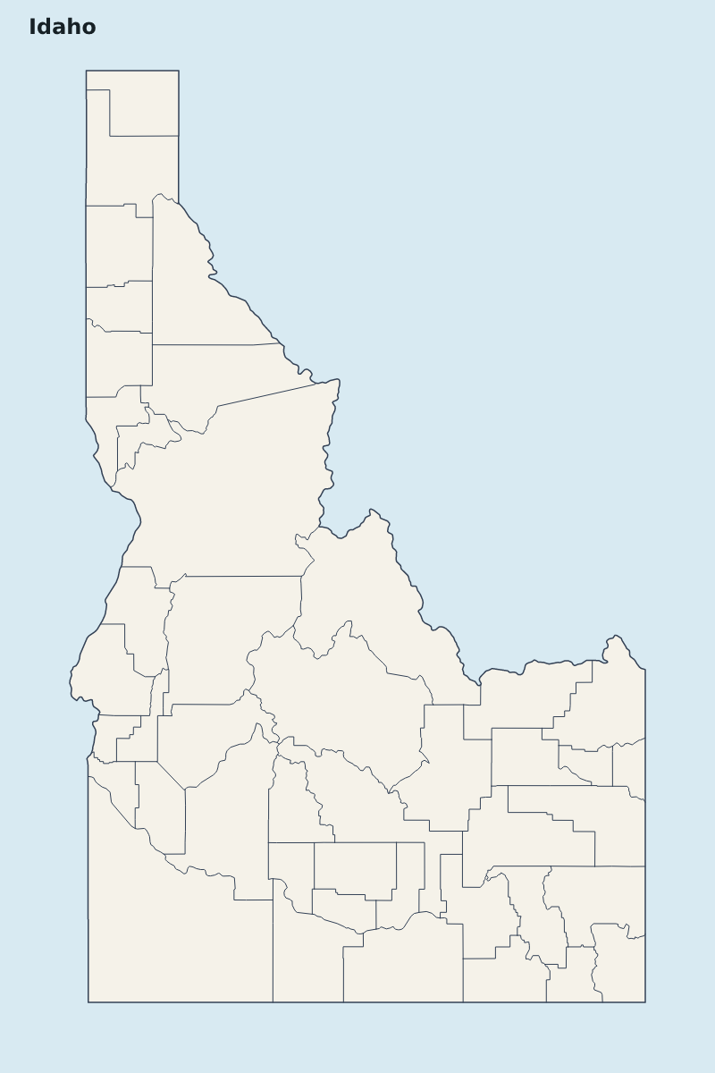 Mapa de resaltado de Idaho, United States con límites administrativos internos.