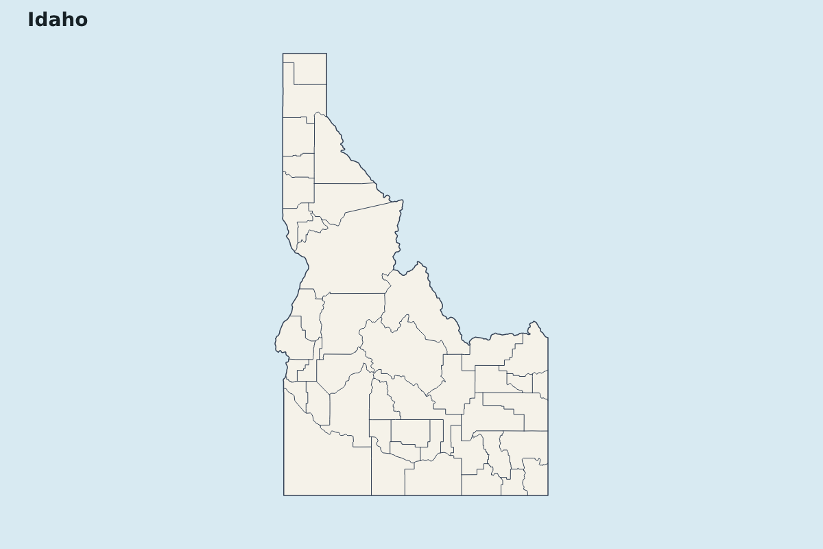 Mapa de resaltado de Idaho, United States con límites administrativos internos.