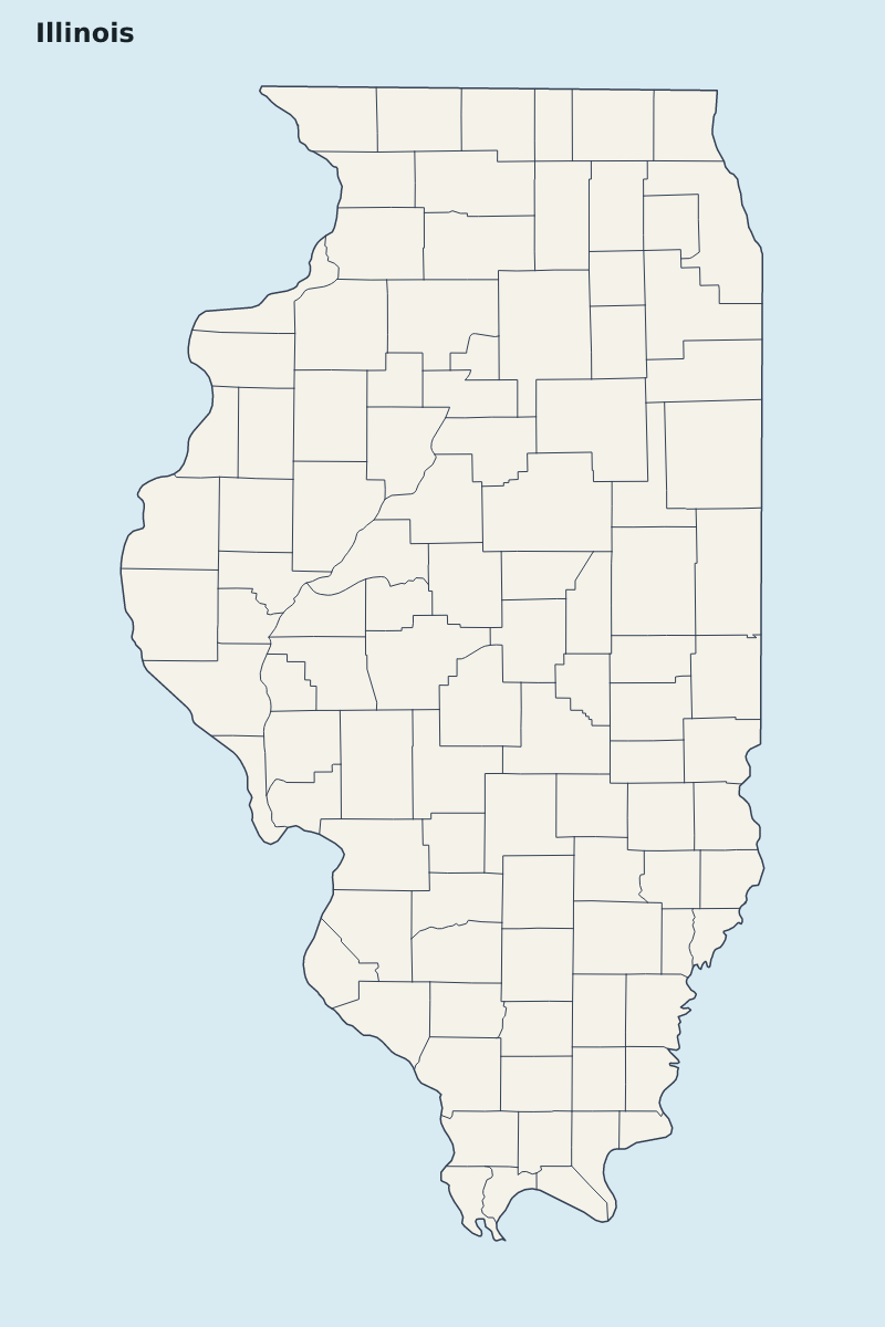 Mapa de resaltado de Illinois, United States con límites administrativos internos.