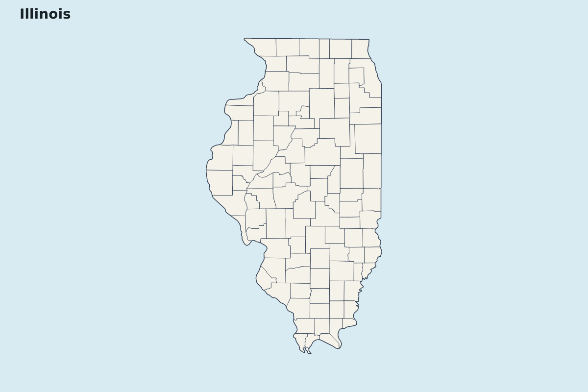 Mapa de resaltado de Illinois, United States con límites administrativos internos.