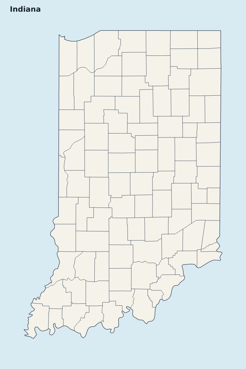 Mapa de resaltado de Indiana, United States con límites administrativos internos.