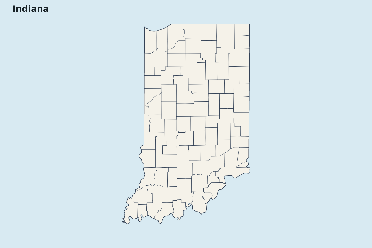 Mapa de resaltado de Indiana, United States con límites administrativos internos.