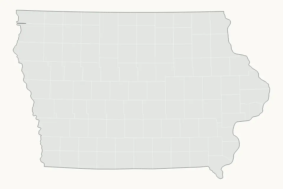 Iowa, United States subdivisions map for North America, showing subdivisions coverage with water features including Lake Red Rock, Rathbun Lake, and Saylorville Lake.