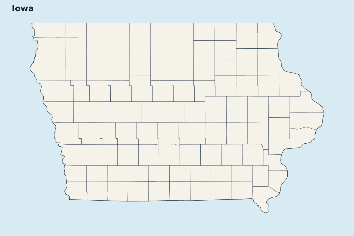 Mapa de resaltado de Iowa, United States con límites administrativos internos.