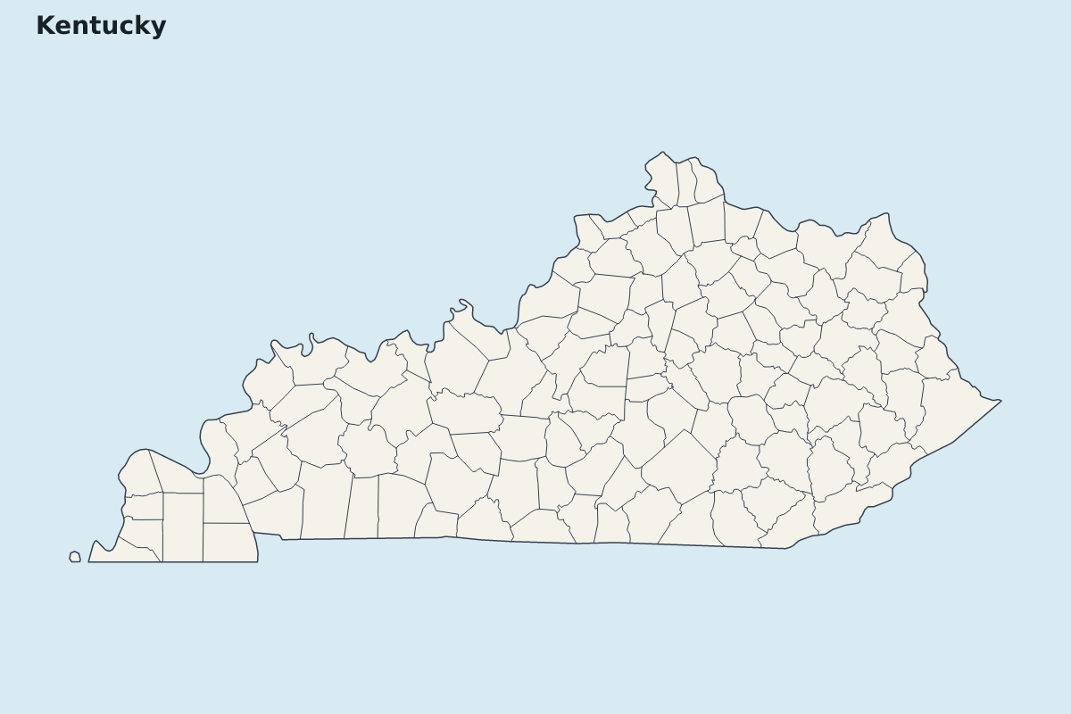 Mapa de resaltado de Kentucky, United States con límites administrativos internos.