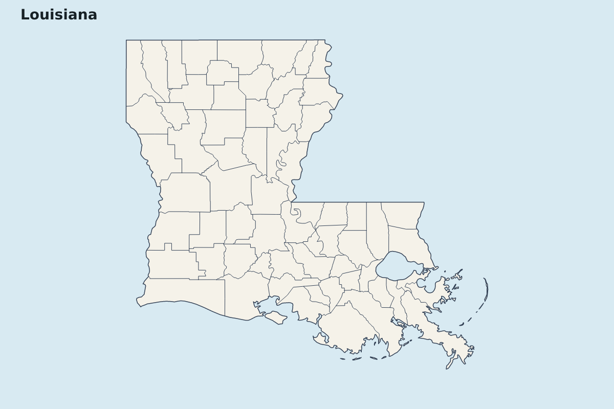 Mapa de resaltado de Louisiana, United States con límites administrativos internos.