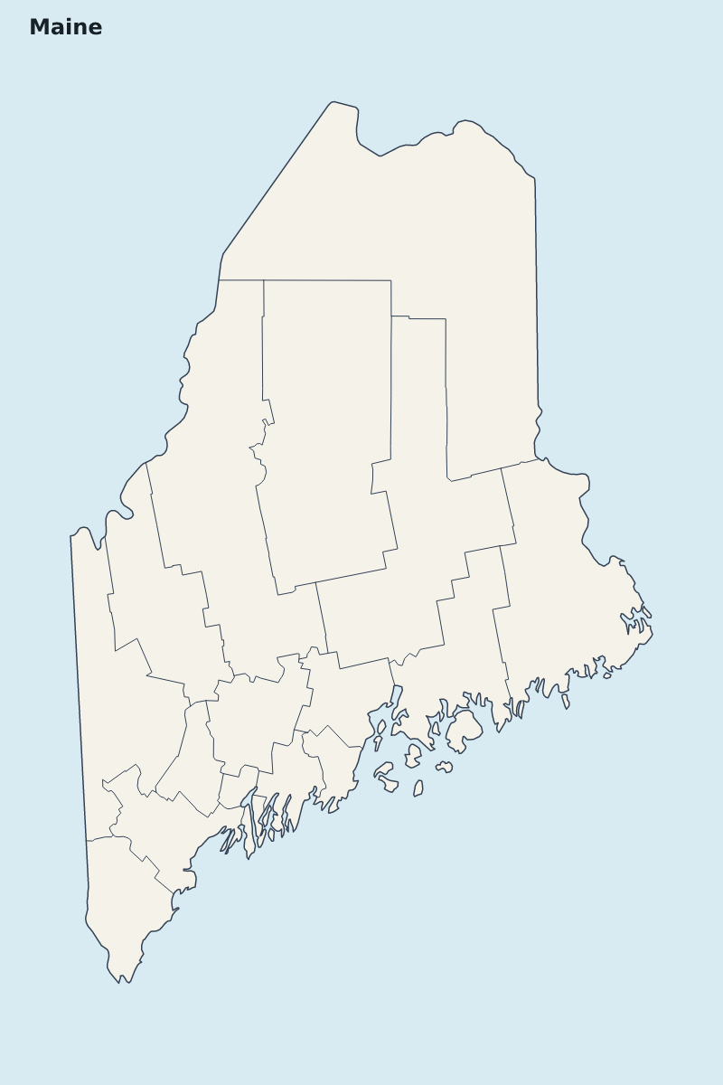 Mapa de resaltado de Maine, United States con límites administrativos internos.