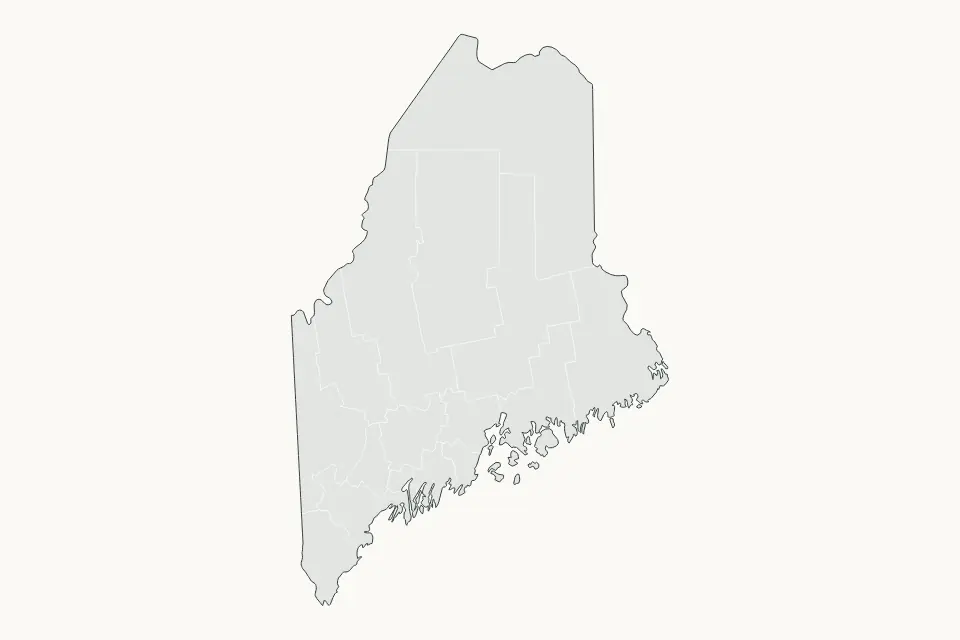 Mapa de Maine, United States de tipo subdivisiones para América del Norte, con subdivisiones con elementos de agua como Moosehead Lake, Sebago Lake y Chesuncook Lake, Caribou Lake, Ripogenus Lake.