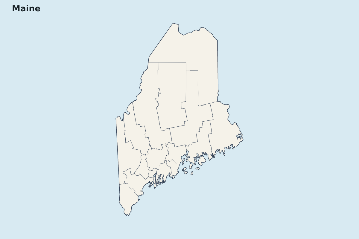 Carte de mise en évidence de Maine, United States avec limites administratives internes.