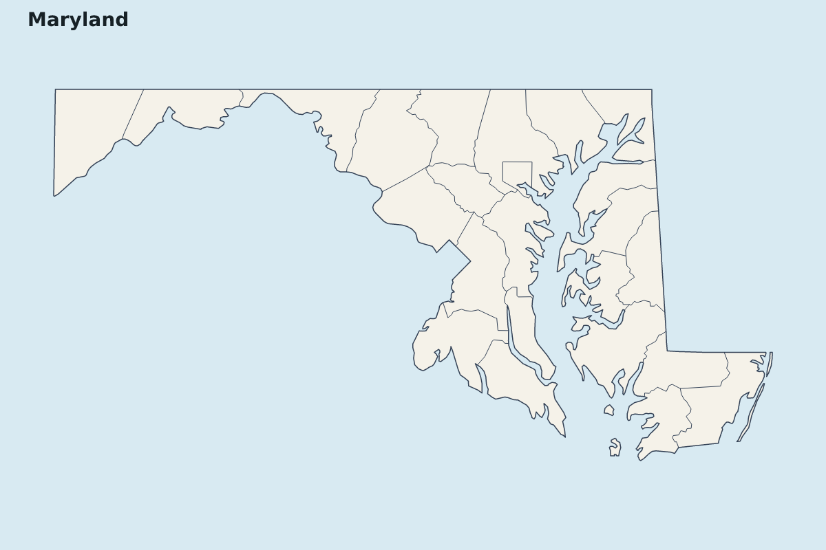 Mapa de resaltado de Maryland, United States con límites administrativos internos.