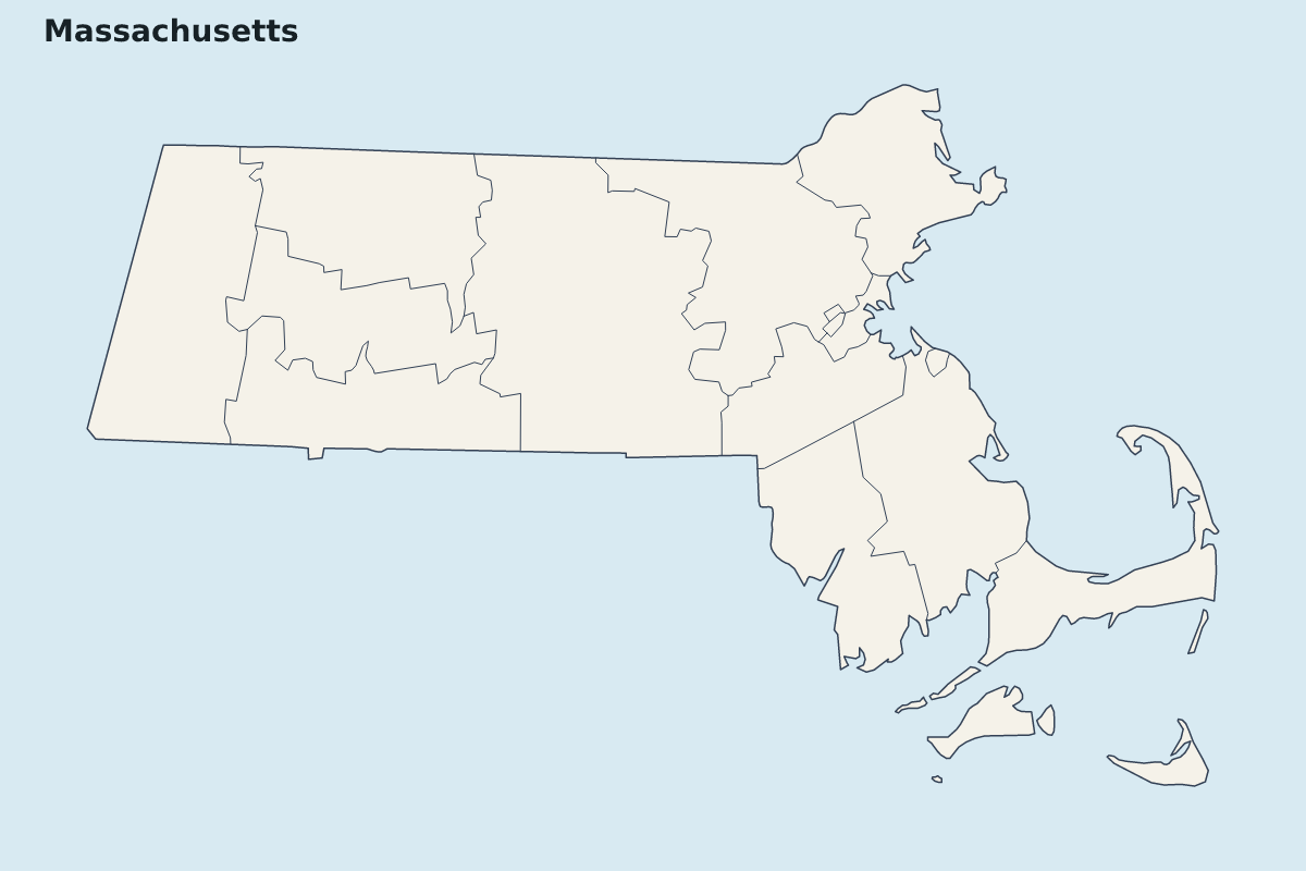 Mapa de resaltado de Massachusetts, United States con límites administrativos internos.