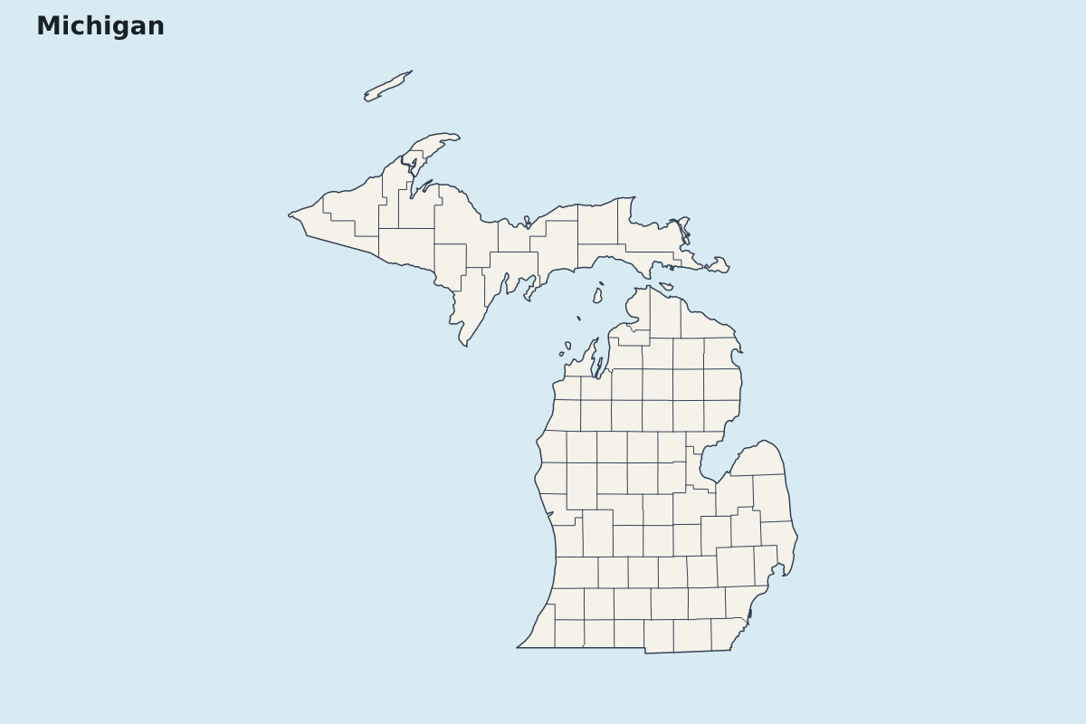 Mapa de resaltado de Michigan, United States con límites administrativos internos.