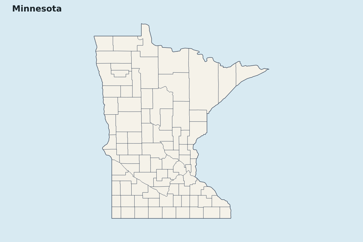 Mapa de resaltado de Minnesota, United States con límites administrativos internos.