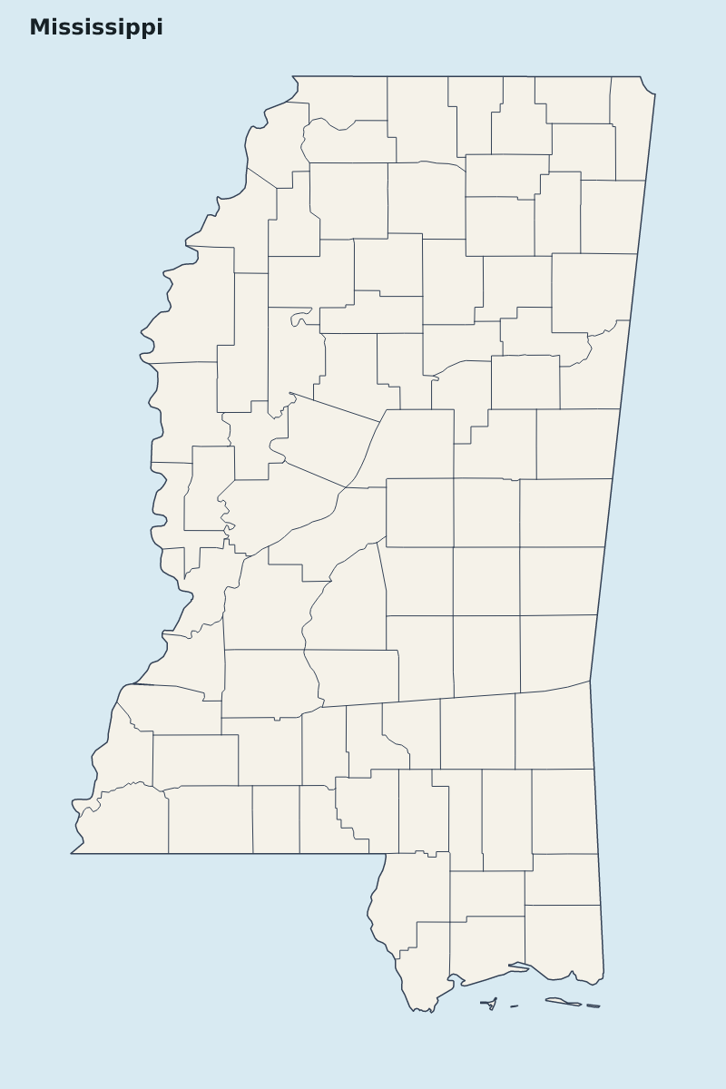 Mapa de resaltado de Mississippi, United States con límites administrativos internos.