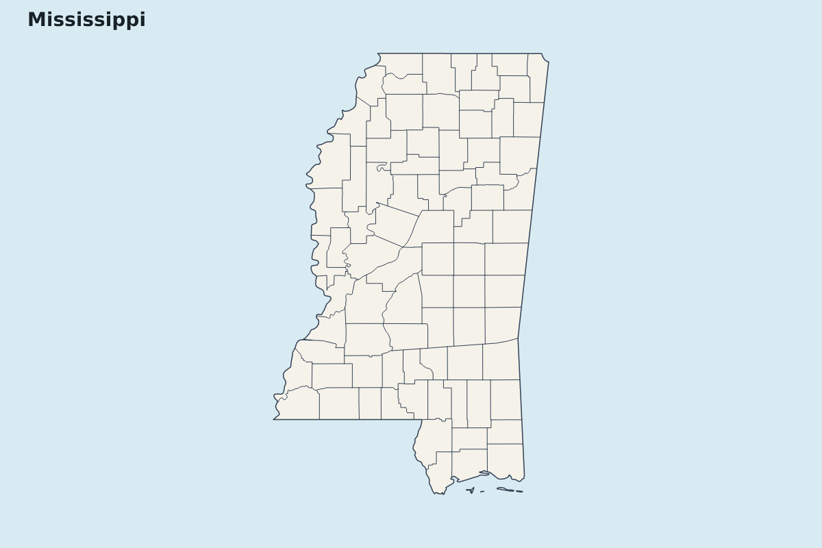 Carte de mise en évidence de Mississippi, United States avec limites administratives internes.