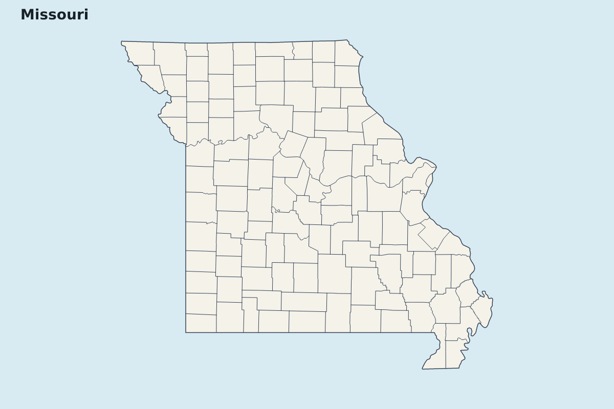 Mapa de resaltado de Missouri, United States con límites administrativos internos.