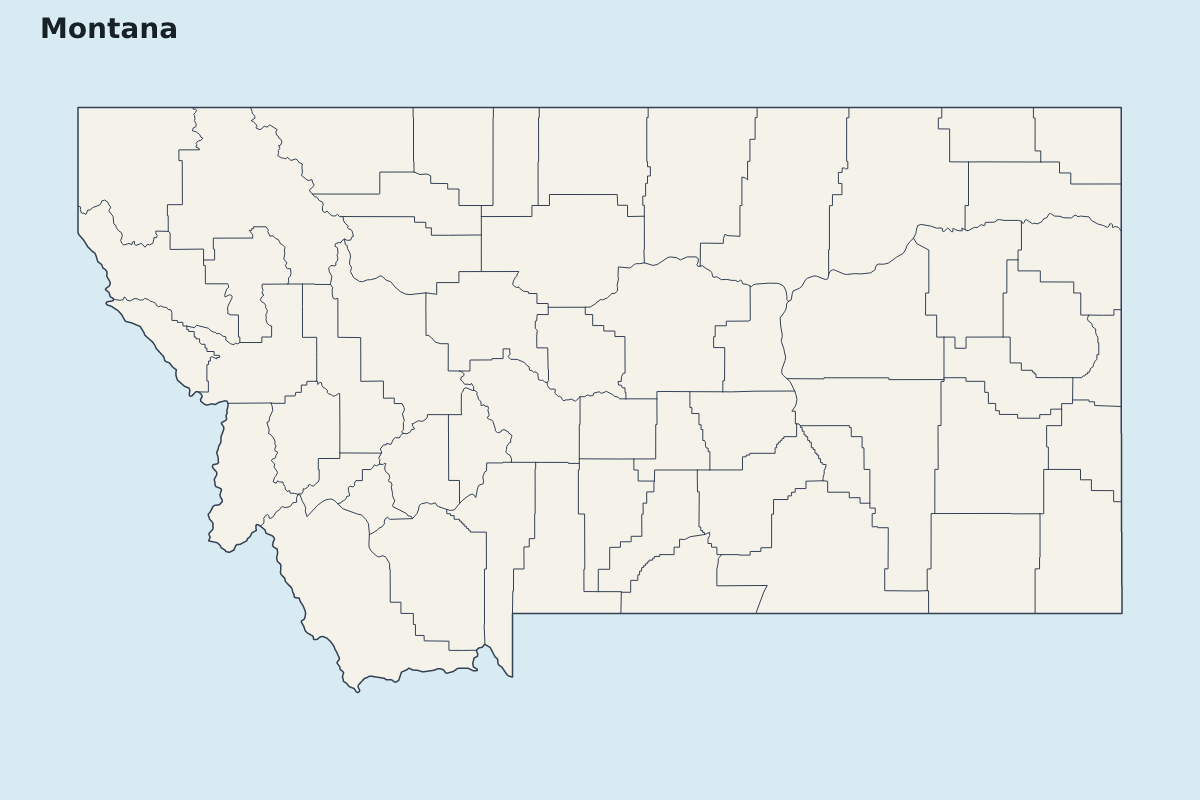 Mapa de resaltado de Montana, United States con límites administrativos internos.