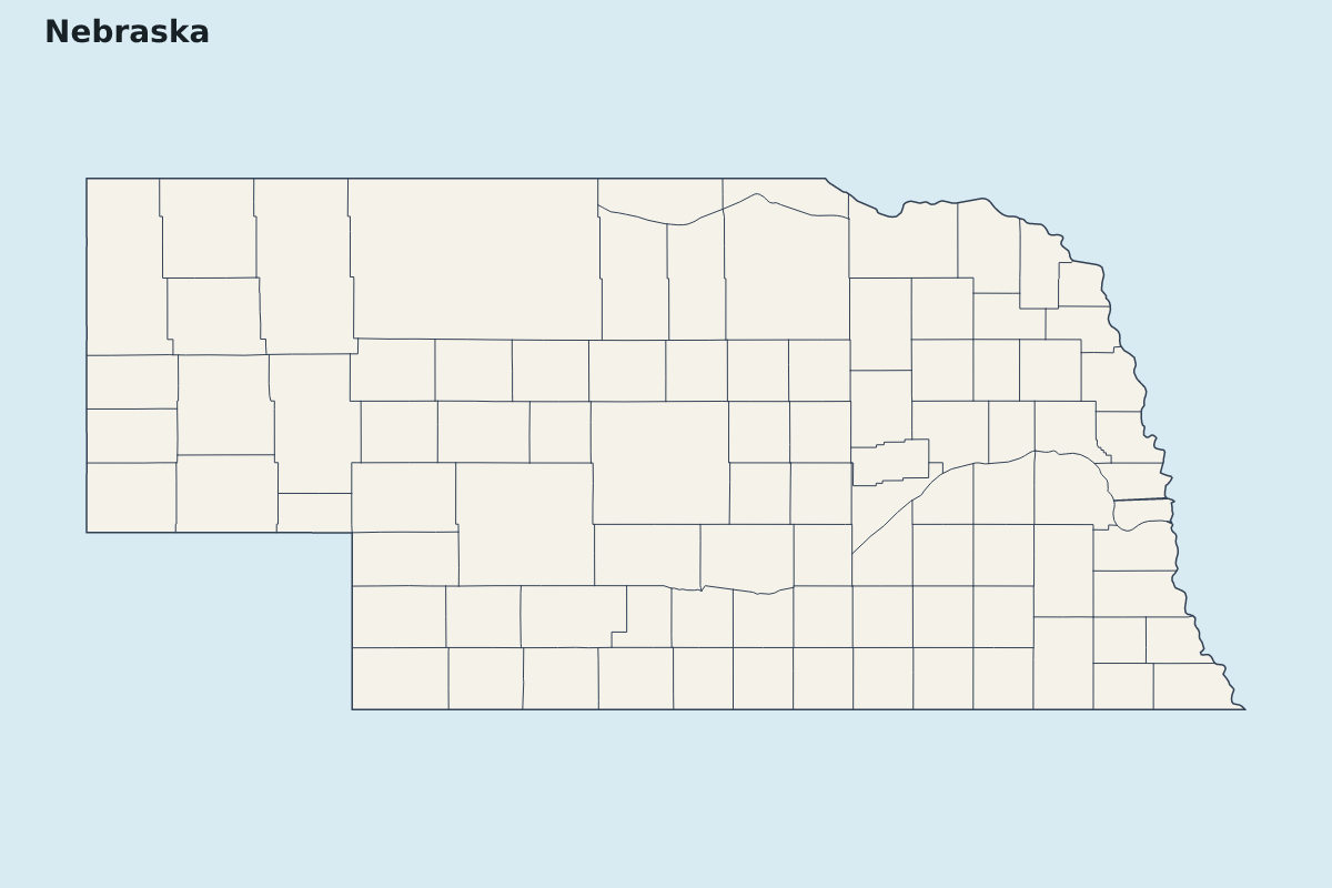 Mapa de resaltado de Nebraska, United States con límites administrativos internos.