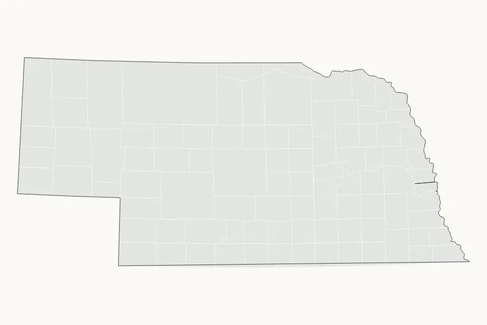Nebraska, United States subdivisions map for North America, showing subdivisions coverage with water features including Lake McConaughy, Lewis and Clark Lake, and Harlan County Lake.