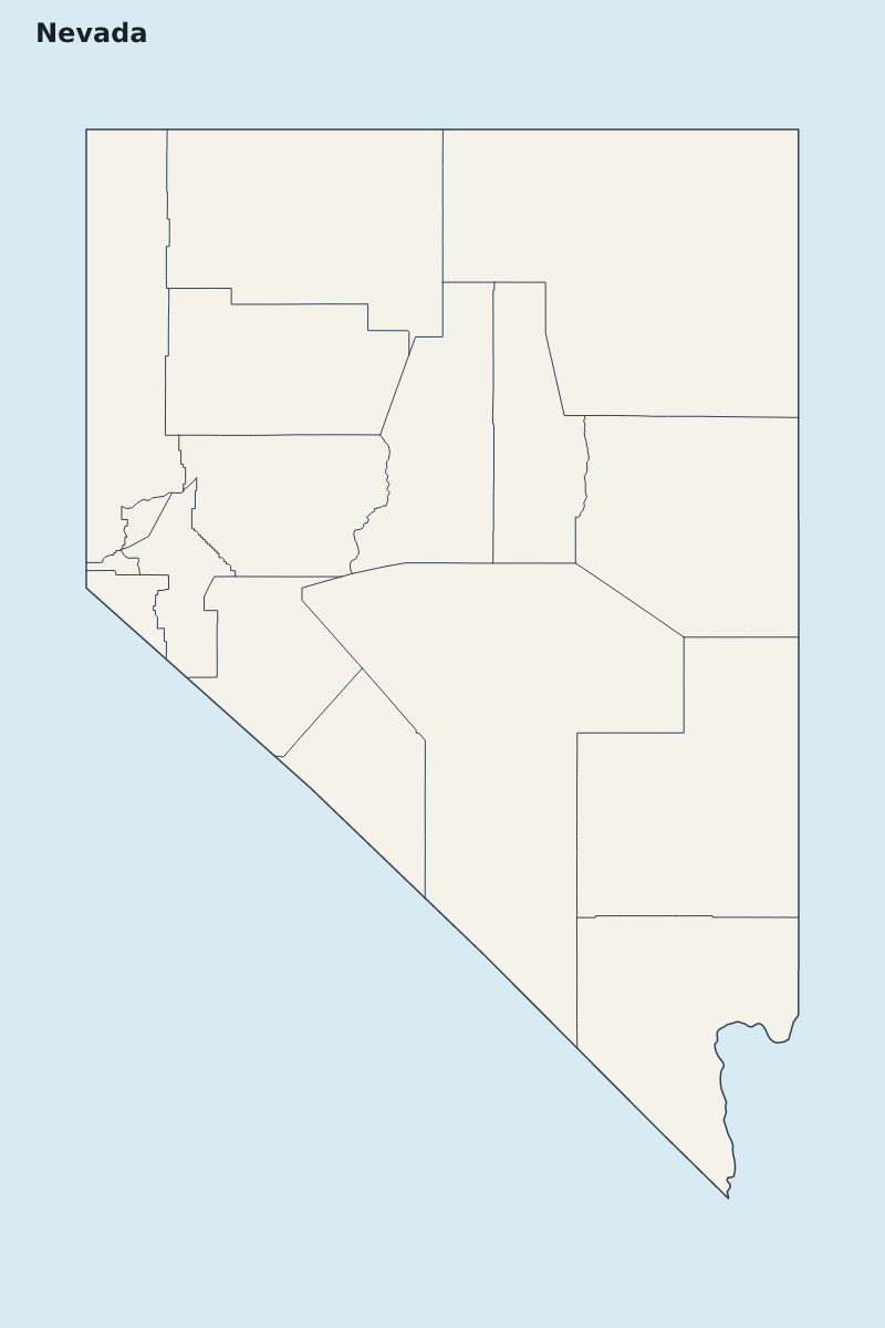 Mapa de resaltado de Nevada, United States con límites administrativos internos.