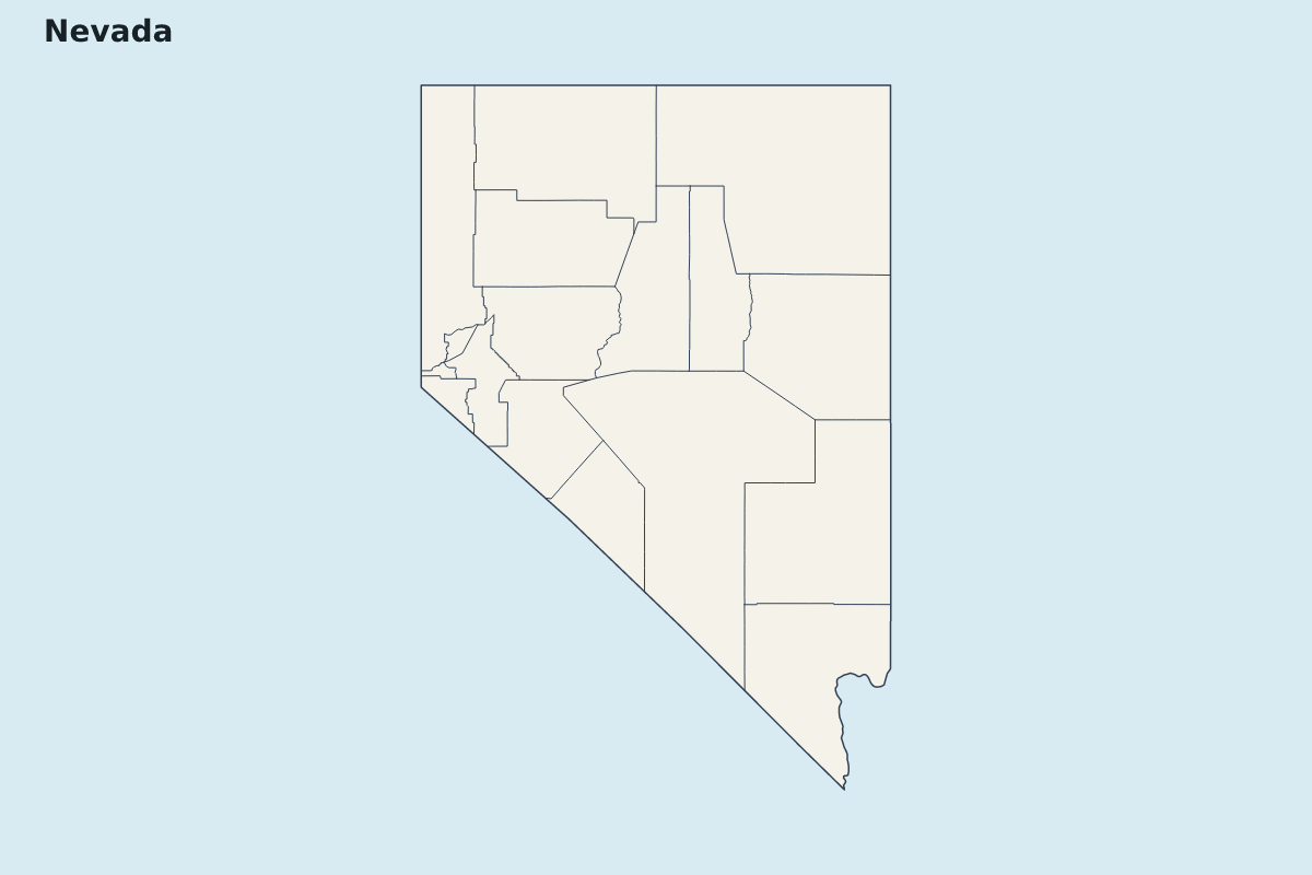 Mapa de resaltado de Nevada, United States con límites administrativos internos.