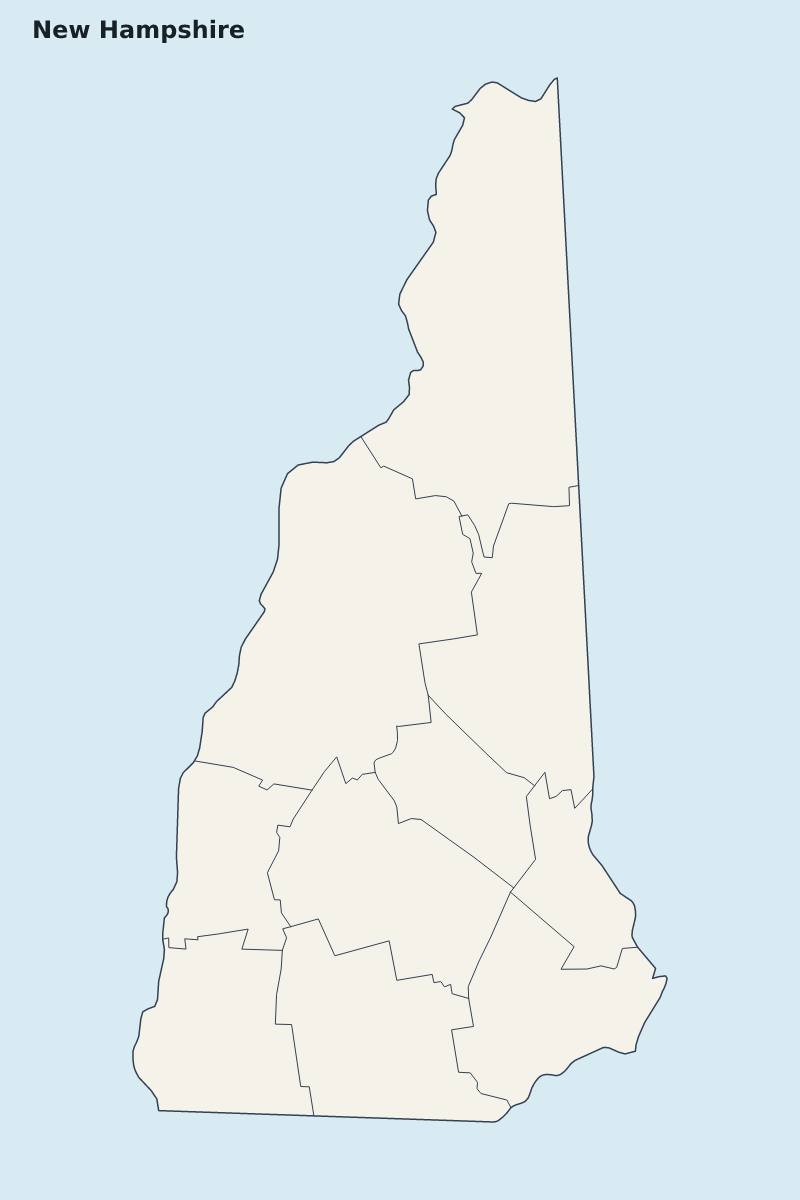 Mapa de resaltado de New Hampshire, United States con límites administrativos internos.
