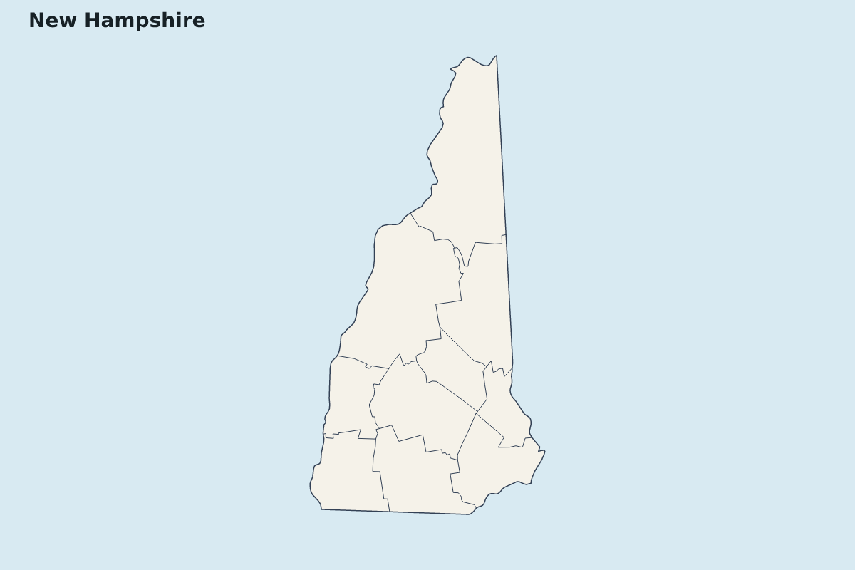 Mapa de resaltado de New Hampshire, United States con límites administrativos internos.