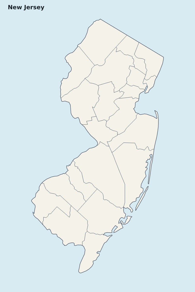 Mapa de resaltado de New Jersey, United States con límites administrativos internos.