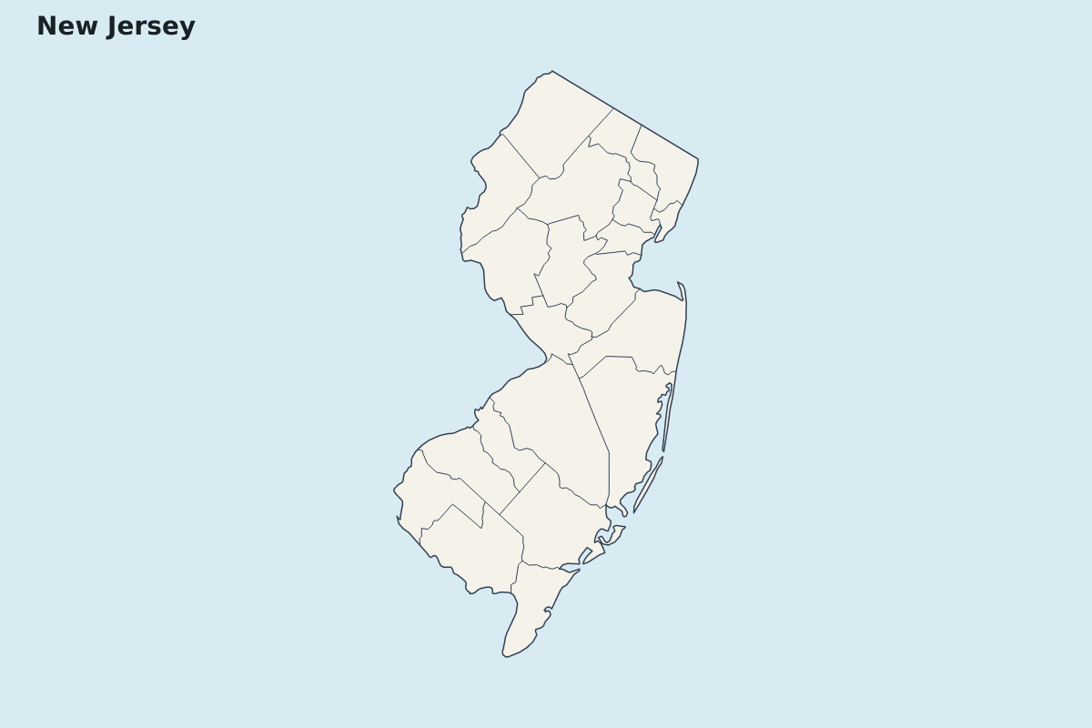 Mapa de resaltado de New Jersey, United States con límites administrativos internos.