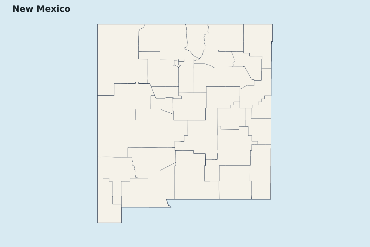 Mapa de resaltado de New Mexico, United States con límites administrativos internos.