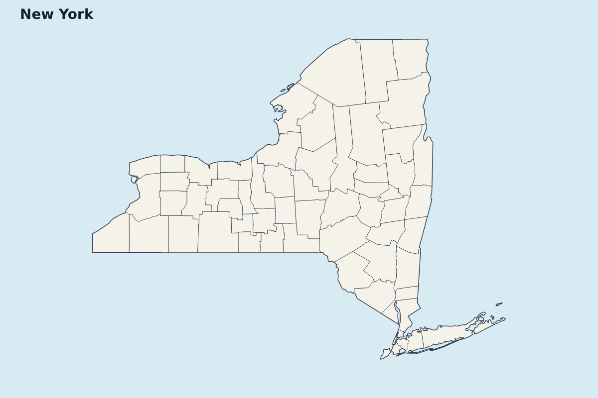 Mapa de resaltado de New York, United States con límites administrativos internos.