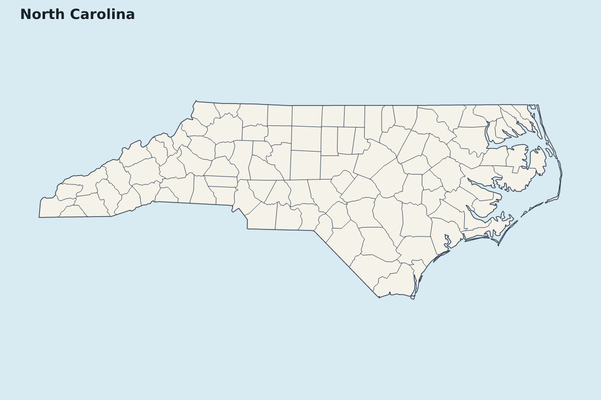 Mapa de resaltado de North Carolina, United States con límites administrativos internos.