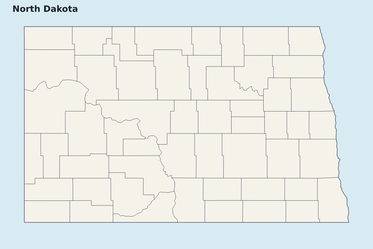 Mapa de resaltado de North Dakota, United States con límites administrativos internos.