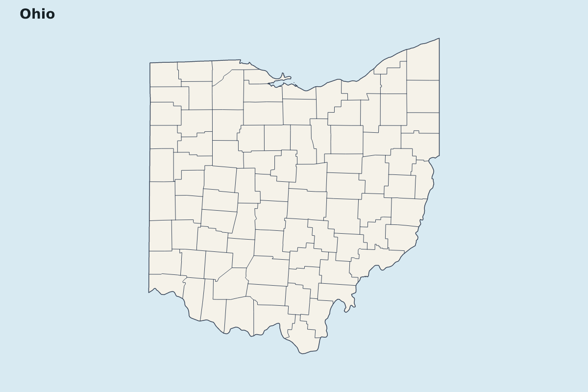 Mapa de resaltado de Ohio, United States con límites administrativos internos.