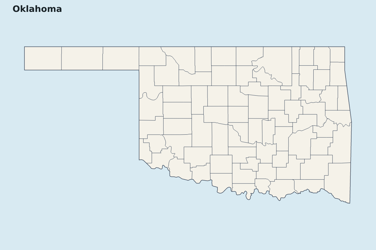 Mapa de resaltado de Oklahoma, United States con límites administrativos internos.