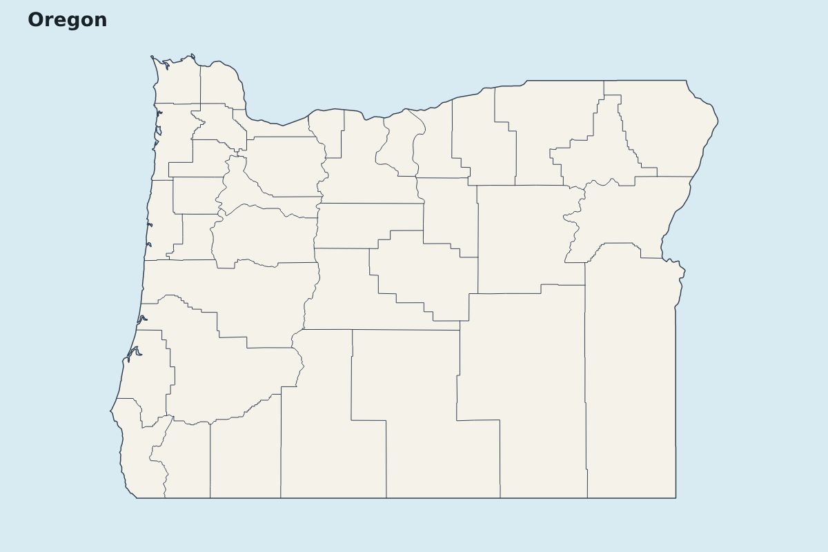 Mapa de resaltado de Oregon, United States con límites administrativos internos.