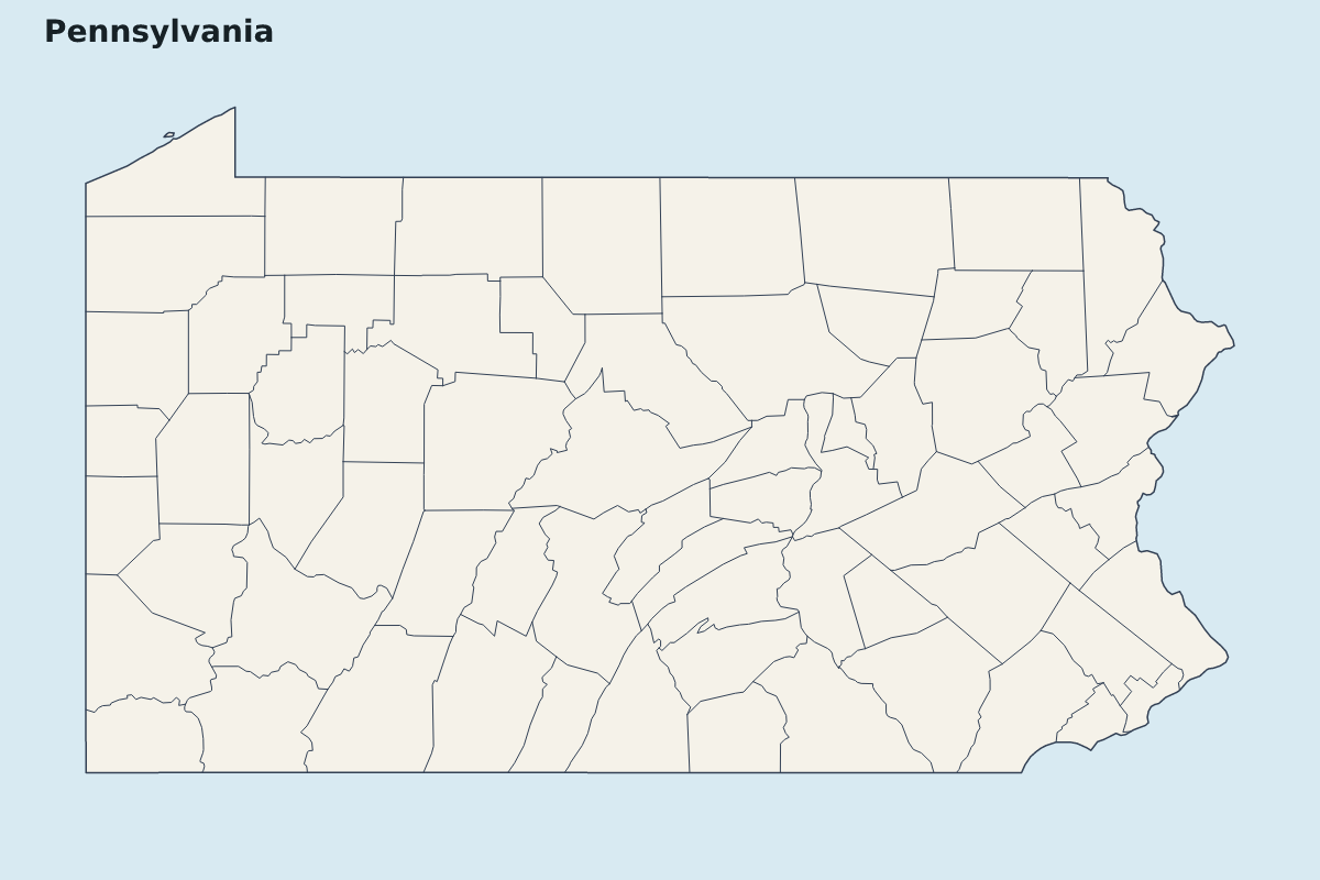 Mapa de resaltado de Pennsylvania, United States con límites administrativos internos.