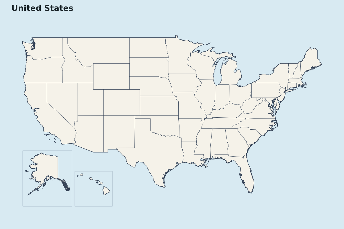 Highlight map of United States with internal administrative boundaries.